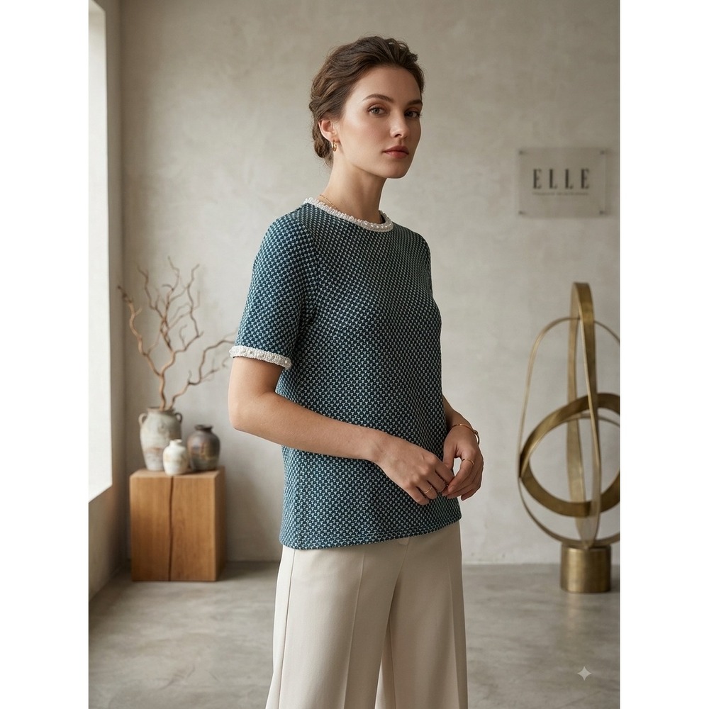 ELLE Teal White Textured Knit Pearl Trim Short Sleeve Top L Metallic Keyhole